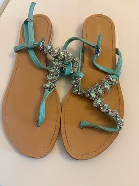 BAMBOO Turquoise Jeweled T-Strap Sandals for Women